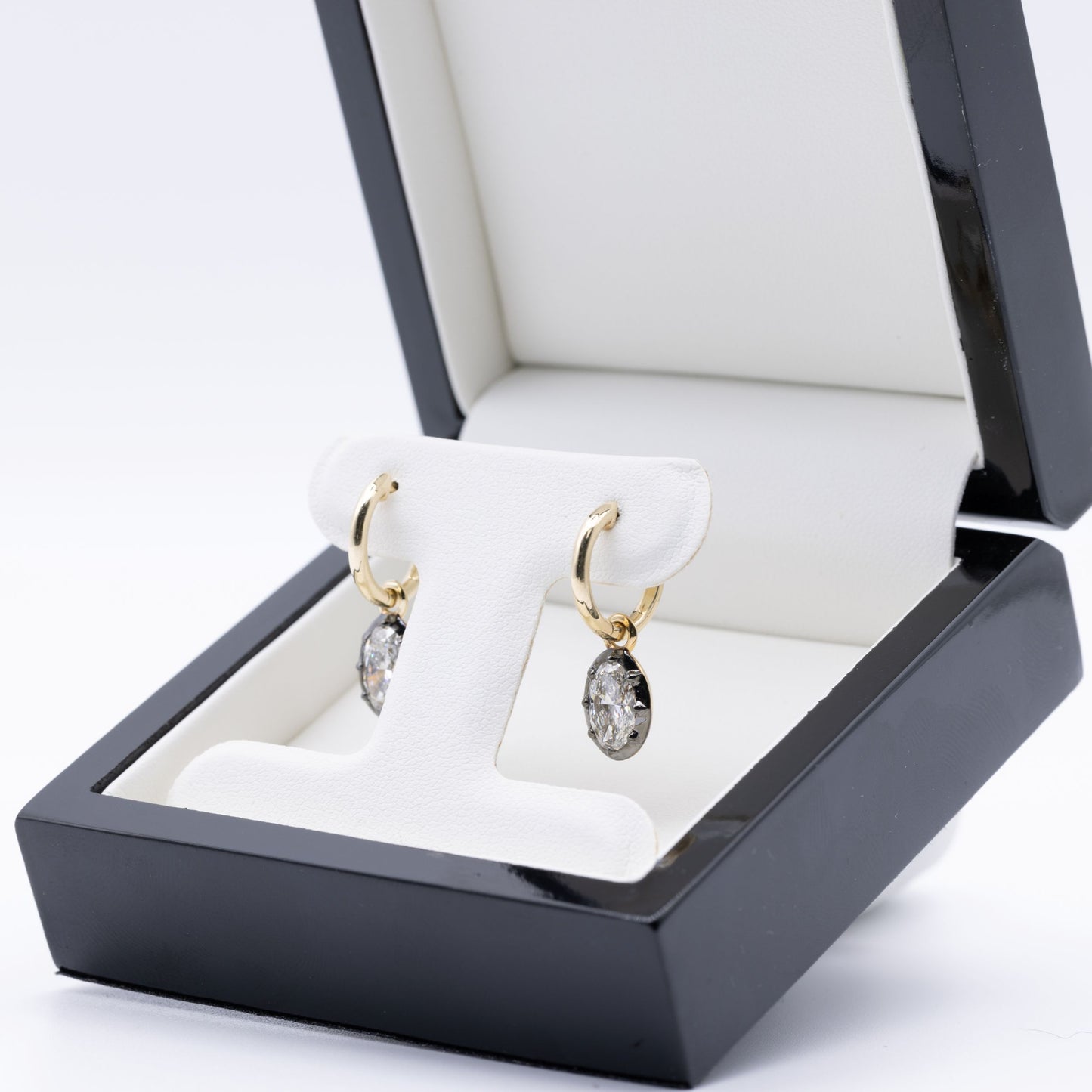 2 ctw Blackened 14K Diamond Drop Hoop Earrings